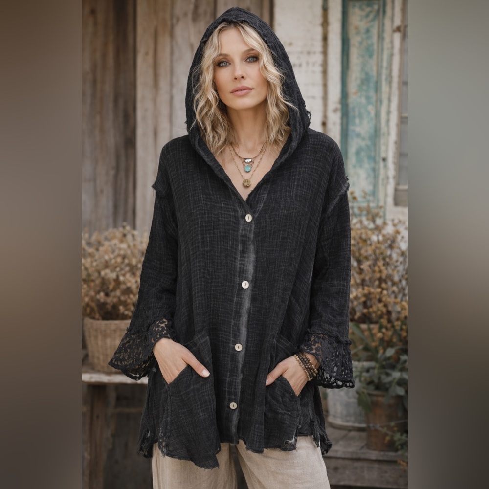 NEW Jaded Gypsy Black Elysia Gauze Hoodie with Lace Sleeve Pockets S/M
